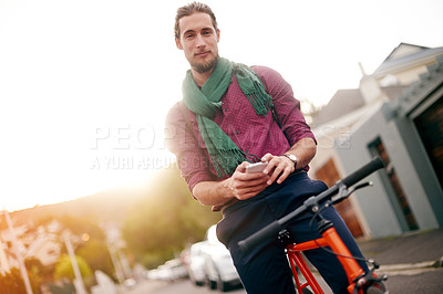 Buy stock photo Portrait, phone or man on bicycle in city for eco friendly transport, creative job or commute travel. Search, texting or designer in urban town with location, mobile app or bike for online directions