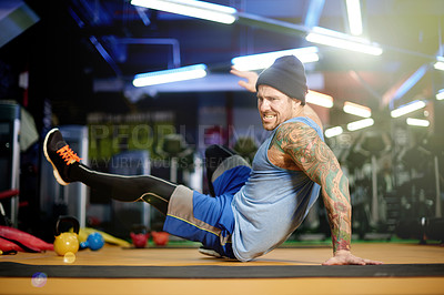 Buy stock photo Breakdance, creative or man in gym with fitness for dancing, calisthenics training or workout. Athlete, floor or flexible dancer in club with stability for balance, acrobatics or strength exercise 