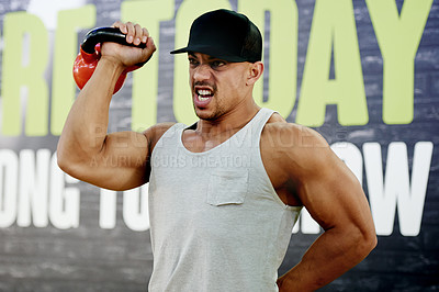 Buy stock photo Fitness, man and kettlebell exercise at gym for power training, energy and muscle development. Health club, athlete and intense workout with weights for endurance challenge, core strength or wellness