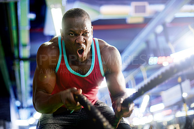 Buy stock photo Black man, training and battle ropes for muscle, development and power with workout for growth in gym. Intense, fitness and person with strong arms, exercise and endurance for progress at health club