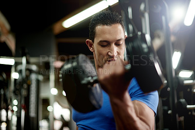 Buy stock photo Muscles, exercise and man with weights in gym for bodybuilder training, intense workout and fitness. Sports, dumbbell and person with weightlifting equipment for strength, challenge or strong arm