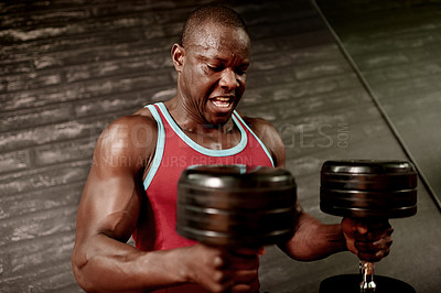 Buy stock photo Dumbbell, workout and sweat with black man in gym for bodybuilder, intense training and muscle challenge. Exercise equipment, weightlifting and athlete with person in sports club for heavy weight