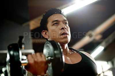 Buy stock photo Gym, bodybuilder and man with dumbbell, exercise or athlete with muscle, fitness or training routine. Power, bodybuilding and person with equipment for strength, health and workout for wellness