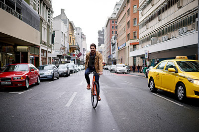 Buy stock photo Travel, portrait and man with bicycle, city and commuting to work in morning, street or smile for journey. Outdoor, cycling and person with eco friendly transport, zero emissions or happy in New York