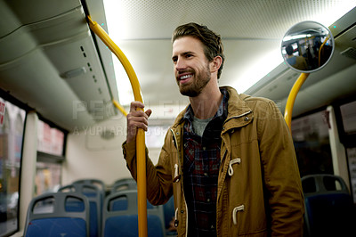 Buy stock photo Passenger, smile and travel with man on bus for commute to destination on public transportation. Journey, thinking and waiting with happy person in vehicle for holiday, sightseeing or vacation