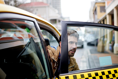 Buy stock photo Man, cab and exit taxi in city for destination stop, vehicle ride and public transportation. Passenger, person and leave car backseat for morning commute, journey end and travel to location in town