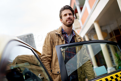 Buy stock photo Morning, journey and man with smile, taxi and commuter on urban street, thinking or traveller in city. Outdoor, travel and person on road, commuting and contemplating on trip, car or public transport