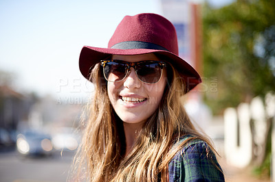 Buy stock photo Fashion, smile and travel with girl outdoor on street for adventure, journey or sightseeing. Style, sunglasses and tourism with happy person on sidewalk for summer holiday or vacation abroad