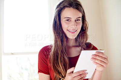 Buy stock photo Portrait, smile and teenager girl with tablet in home for social media, search or space with technology. Happy, face and person with digital app for internet, website or online game in apartment