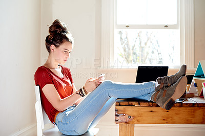 Buy stock photo Relax, girl and student with phone in home with networking, contact or communication for college. Cellphone, research and female person checking email for online university results in apartment.