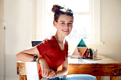 Buy stock photo Portrait, relax and smile with girl in study of home for college or university education. Break, learning and scholarship with happy student in campus apartment for development, growth or school