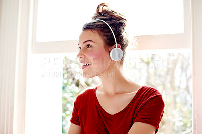 Buy stock photo Music, headphones and girl in home with smile, podcast or listening on audio app. Happy, teenager and female person in bedroom with technology, media or radio streaming on virtual subscription.