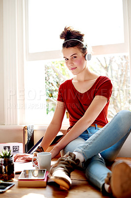 Buy stock photo Teenager, portrait and girl with laptop, headphones and relax with break, audio and education. Home, computer and person with headset, sound and listening to music, wellness and rest with podcast