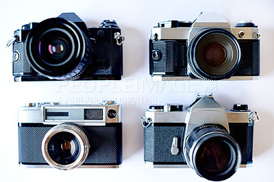 Buy stock photo Photography, dslr and film with above of camera in studio for  lens focus, photoshoot and gallery. Memory, vintage and flat lay with picture equipment on white background for exposure and aperture