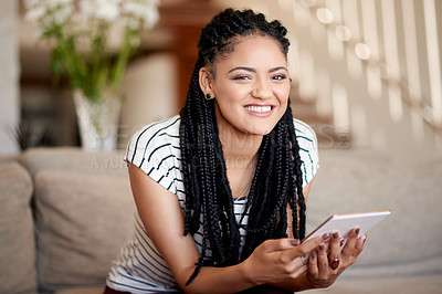 Buy stock photo Portrait, house and woman with smile, tablet and relax with social media, ebook and entertainment. Happy, technology and person on sofa, communication and digital app with online game or connection