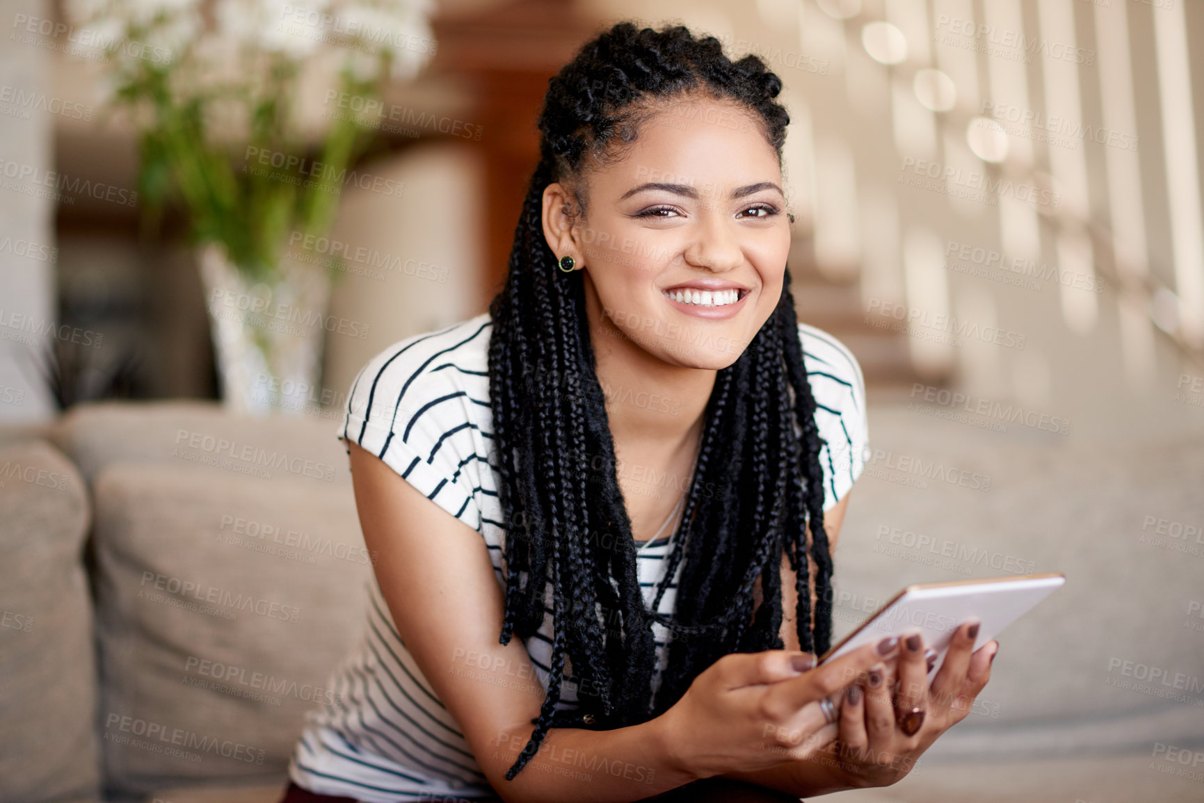Buy stock photo Portrait, house and woman with smile, tablet and relax with social media, ebook and entertainment. Happy, technology and person on sofa, communication and digital app with online game or connection