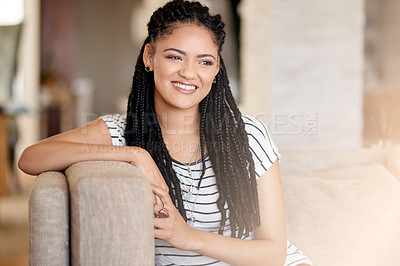 Buy stock photo Thinking, student and smile with woman on sofa for peace, reflection and me time. College break, happiness and vision with female person in living room of home for weekend, perspective and confidence