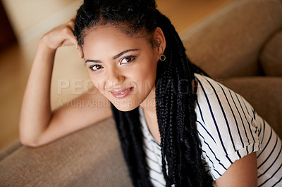 Buy stock photo Portrait, smile and woman on sofa for comfortable, relax and couch in home for student wellness. Lounge, rest and person with university break with apartment, living room and calm weekend for peace