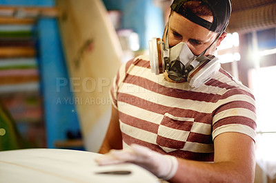 Buy stock photo Inspection, PPE and man with surfboard, repair and creativity for skills, talent and hobby. Craftsman, artist and entrepreneur with workshop for design, manufacturing or custom work for artisan craft