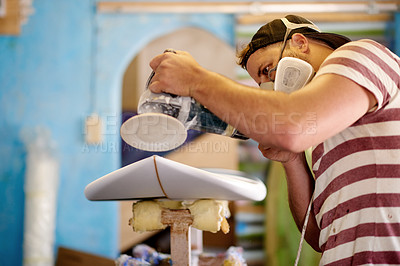 Buy stock photo Machine, man and surfboard in workshop for manufacturing, restoration or project tools. Production, sanding or creative wooden craft in small business for surfing equipment and renovation process 
