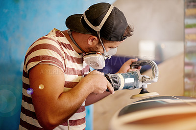 Buy stock photo Mask, PPE and man with surfboard, polish and creative for skills, talent and hobby. Craftsman, artist and entrepreneur with workshop for design, manufacturing and custom work for artisan craft