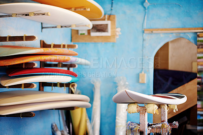 Buy stock photo Design, store and surfboard in small business for fixing, maintenance or manufacturing. Artistic production, hobby and creative wooden craft in workshop for surf shop studio or renovation process
