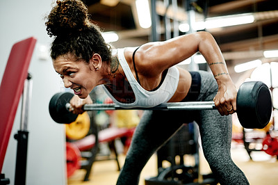 Buy stock photo Fitness, woman and barbell for weightlifting, workout and exercise in gym for health and power. African person, bodybuilder and performance for muscle development, challenge and training for wellness