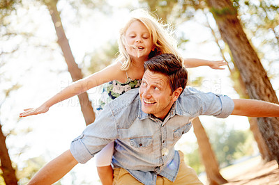 Buy stock photo Happy, father and girl with piggyback at park for airplane game, creative imagination and support. Family, single dad and carry child on back in nature for flying together, fantasy play and bonding
