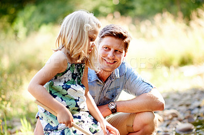 Buy stock photo Father, smile and child at lake for fishing, bonding and girl learning on family vacation. Happy dad, fisherman and kid in nature for hobby with gear, bokeh and development on holiday together