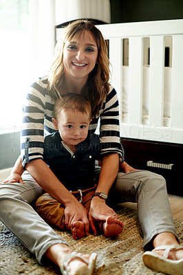 Buy stock photo Portrait, mom and toddler in home with happiness, bonding and relationship growth for love. Parenting, care and woman with boy kid in nursery with security and safety, smile and relax in family house