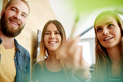 Buy stock photo Team, planning and business people by glass for meeting, brainstorming and project ideas in office. Creative startup, collaboration and workers with sticky notes for task agenda, strategy or research