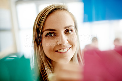 Buy stock photo Portrait, happy and woman in office with sticky notes for strategy development, planning and ideas. Face, smile or marketer in creative agency with solution for campaign, media schedule and selection