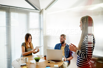 Buy stock photo Creative, brainstorming or team with tablet in office for marketing, develop strategy or collaboration. Research, communication or people in advertising agency for brand promotion, tech or glass