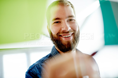 Buy stock photo Creative, happiness and man with sticky notes, office or planning for marketing strategy or campaign. Glass, brand manager and person with info for advertising, schedule and research for project