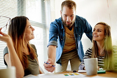 Buy stock photo Meeting, planning and documents with business people in office for media briefing, report and collaboration. Press release pitch, journalist update and partnership with employees in creative agency