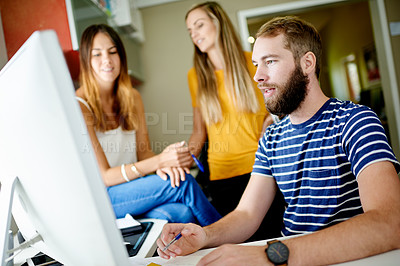 Buy stock photo Business, teamwork and people in office, computer and conversation with planning for layout. Employees, cooperation and journalist in workplace, pc and email for review, feedback and copywriting