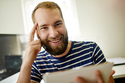 Buy stock photo Creative, portrait and tablet with graphic designer man in office for concept development. App, design and smile with professional illustrator at desk in workplace for technical startup satisfaction