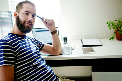 Buy stock photo Laptop, portrait and small business with graphic designer man in office for concept development. Computer, design and research with professional illustrator at workplace desk for technical startup
