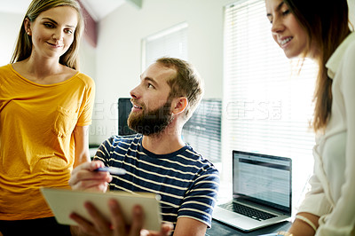 Buy stock photo Team, research and tablet with business people in office for graphic designer, meeting and logo discussion. Planning, project and collaboration with employees in creative agency for branding startup 