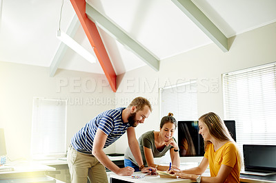 Buy stock photo Woman, documents and meeting at office for interior design, planning and brainstorming at real estate agency. Person, team and group with notes, talk and project management for property development