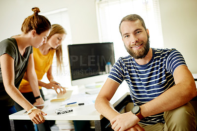 Buy stock photo Happy man, portrait and designers in meeting for planning together, help or solution. Group project, creative team and people in office for problem solving, startup company or brainstorming ideas