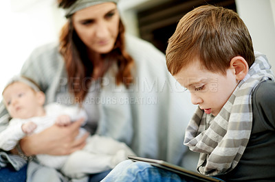 Buy stock photo Mother, baby and son with tablet in home with education games for brain development. Parent, child and mom on floor in living room with internet, streaming cartoon or app for entertainment or growth