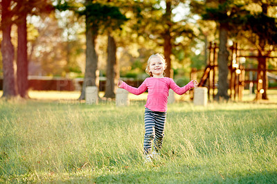 Buy stock photo Nature, park and child with smile outdoor for weekend, holiday and vacation in countryside. Summer, freedom and toddler with development, adventure and relax for childhood with happiness and sunshine