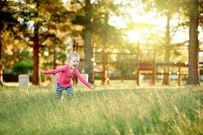 Buy stock photo Nature, park and child running outdoor for weekend, holiday and vacation in countryside. Summer, freedom and toddler with playful, adventure and relax for childhood with happiness and sunshine