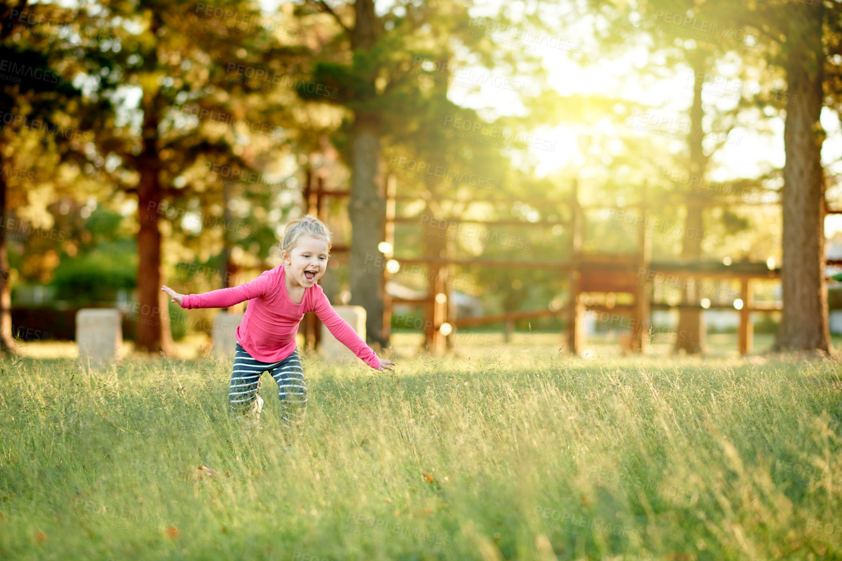 Buy stock photo Nature, park and child running outdoor for weekend, holiday and vacation in countryside. Summer, freedom and toddler with playful, adventure and relax for childhood with happiness and sunshine