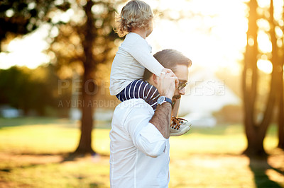 Buy stock photo Family, father and child on shoulder at park for travel, playful fun and bonding together on holiday. Man, walk and carry toddler with love, balance support and vacation with games to explore nature