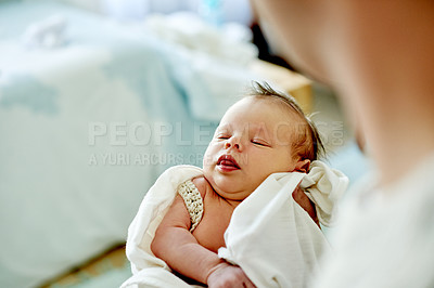 Buy stock photo Love, cute and father with baby in home for bonding, care and sweet moment in bedroom. Parent, security and dad with newborn child for family in nursery together for safety and protection at house.