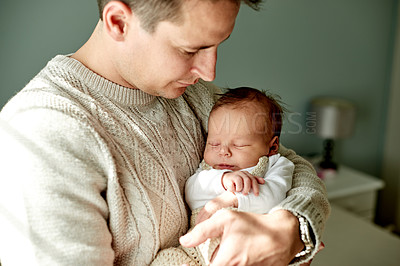 Buy stock photo Love, cute and father holding baby in home for bonding, family time and sweet moment together. Connection, child and dad with newborn kid for care, support or affection in parenthood at house.