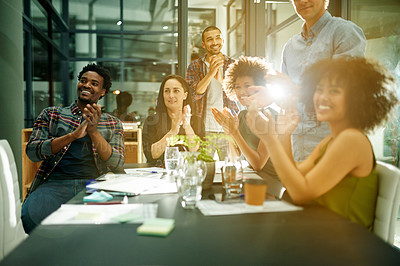 Buy stock photo Business people, applause and celebration at night, startup and success for goals at media company. Group, team and happy at meeting with clapping hands, excited or flare with deal at creative agency