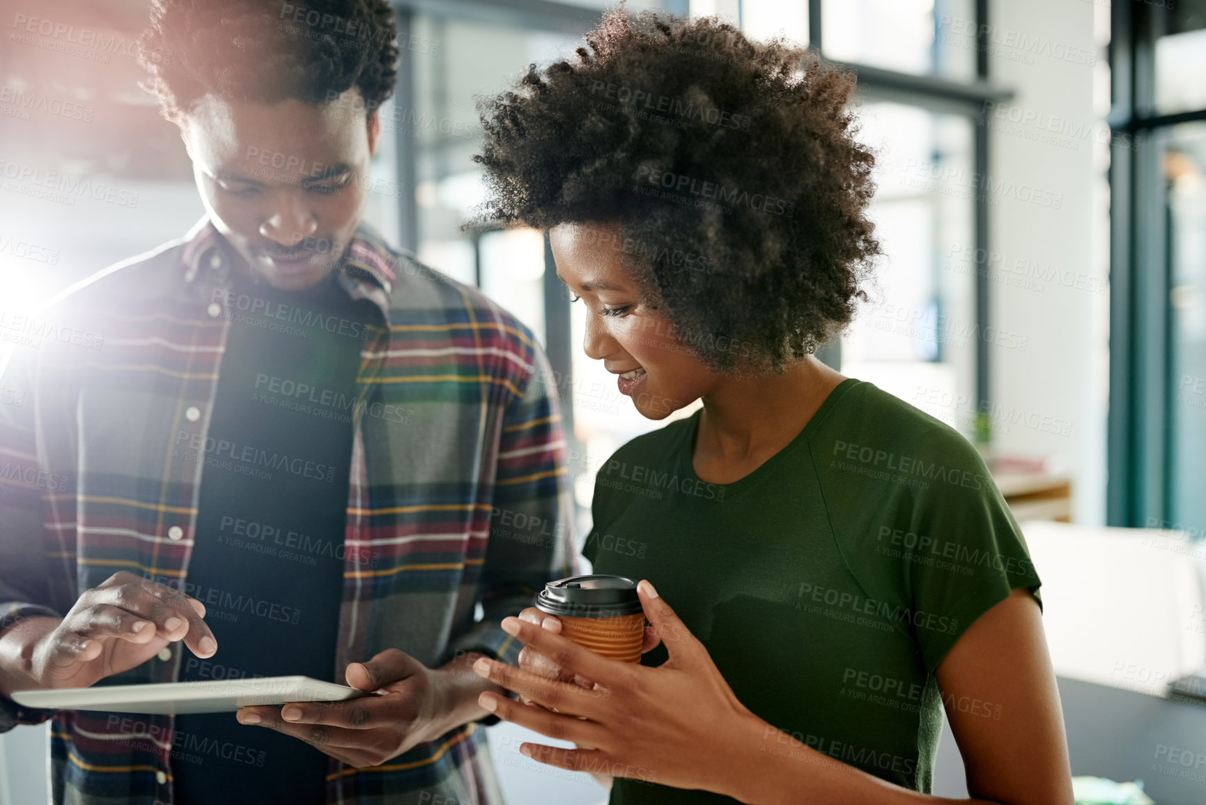 Buy stock photo Meeting, tablet and business people in office with coffee for online report, research and feedback. Startup, teamwork and black man and woman on digital tech for website, planning and project review